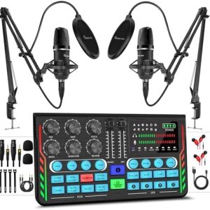 Podcast Equipment Bundle for 2, DJ Mixer with 3.5mm Diaphragm Condenser Microphone for Live Streaming, Podcast Recording,Gaming, Youtube, TikTok, PC, Smartphone