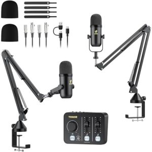 TONOR Podcast Equipment Bundle for 2, Audio Mixer with 2 Dynamic Microphone and 2 Boom Arm Set, XLR Mic with Studio Audio Interface, All-in-One Pack for Podcasting, Recording, Youtube, Tiktok, POD-2